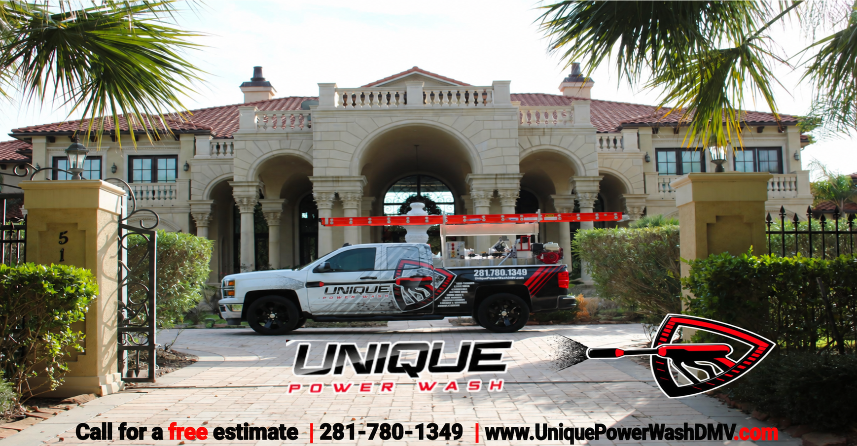 Unique Power Wash truck staged at the entrance of a large estate