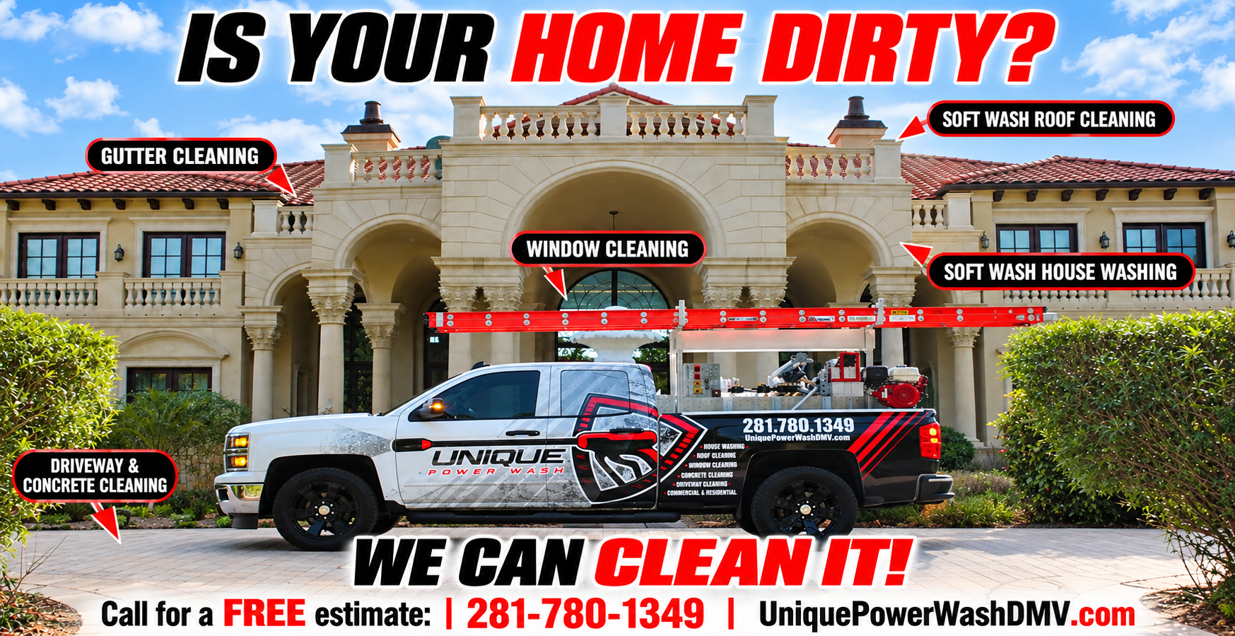 Is your home dirty? Unique Power Wash provides gutter cleaning, soft-wash roof cleaning, window cleaning, soft-wash house washing, driveway and concrete cleaning.