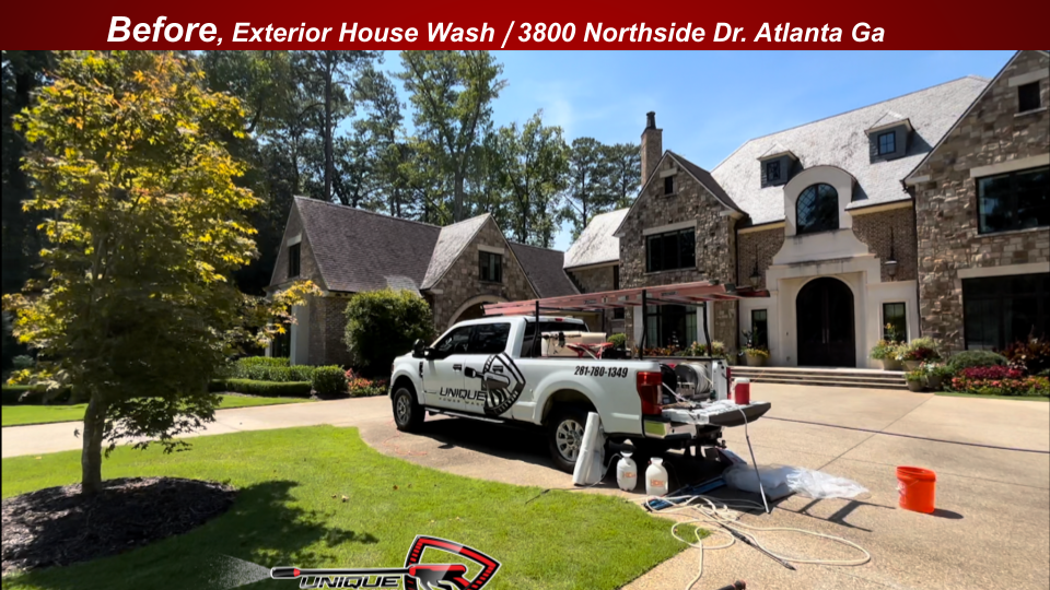 Unique Power Wash truck and equipment at 3800 Northside Drive before the slate roof and exterior soft wash